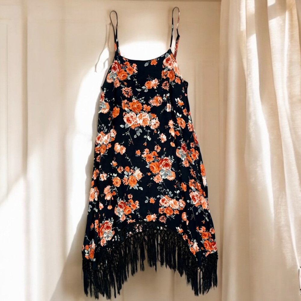 MOON Black Fringe Boho Floral Dress Size S